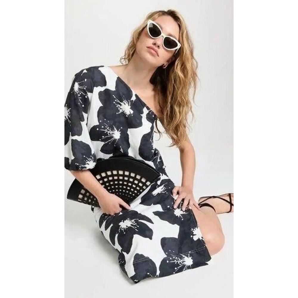 Something Navy Floral One Shoulder Dress in Black & White
